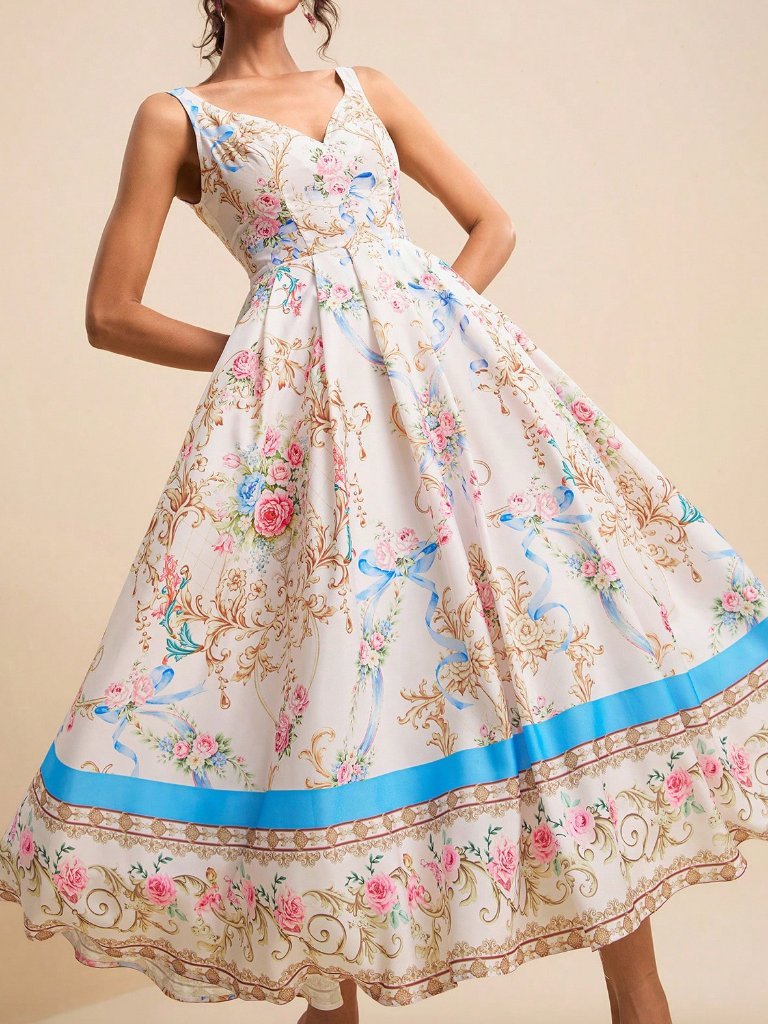 Elegant Women's Baroque Print Sweetheart Neck Spaghetti Strap A-Line Dress